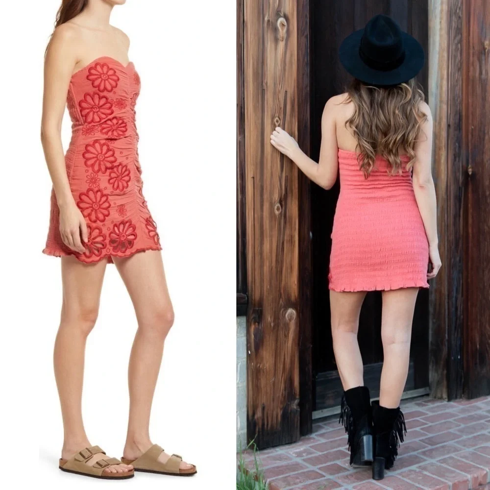NWT FREE PEOPLE Mini Dress Y2K Strapless Ruched‎ Floral Embroidered Smocked Sz L